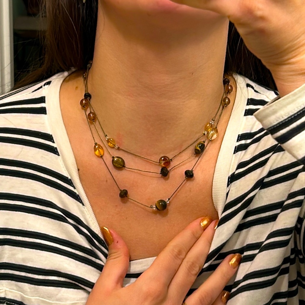 Gold tone bronze amber and brown beaded layered necklace